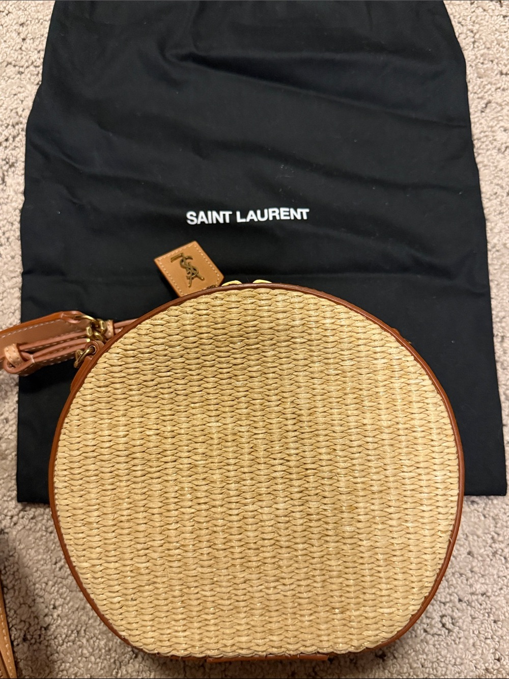Authentic YSL Mica Hat Box Round Woven Crossbody Bag